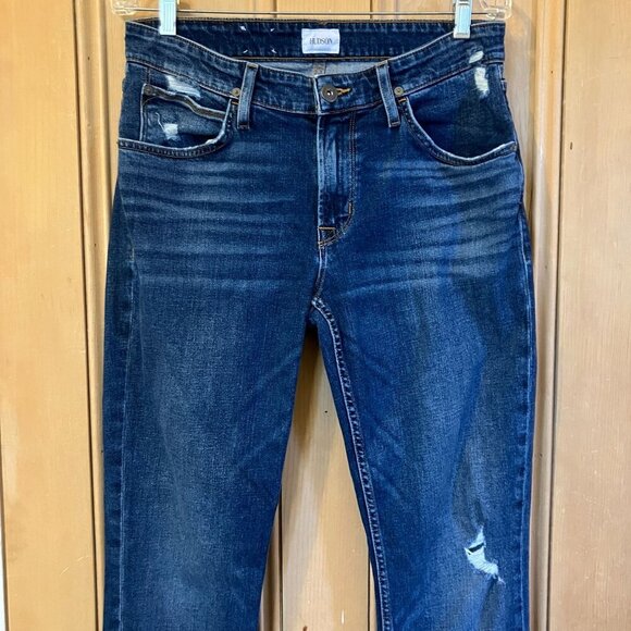 Hudson Mens Blake Slim Straight Distressed Whisker Jeans Size 32x33 Blue AN EXC - Picture 4 of 12